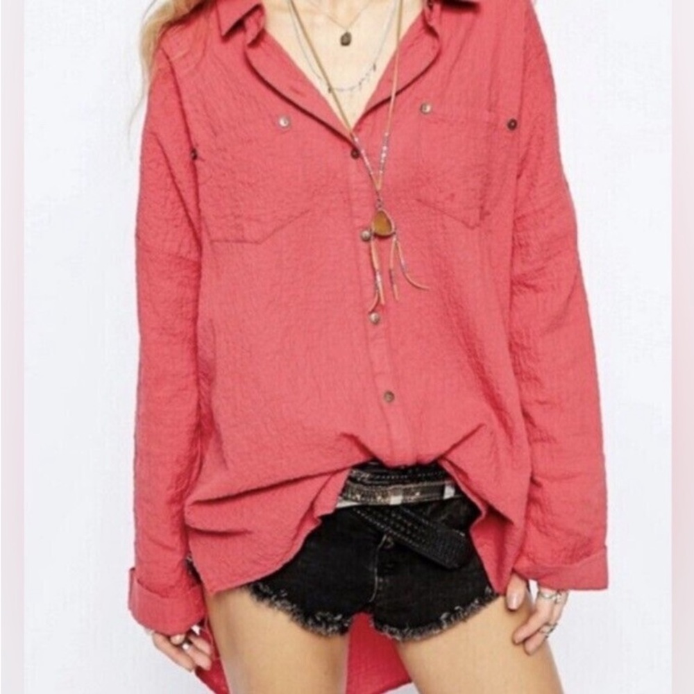 FREE PEOPLE Coral Crepe Oversized textured Button Down Long Sleeve Top - Picture 2 of 7